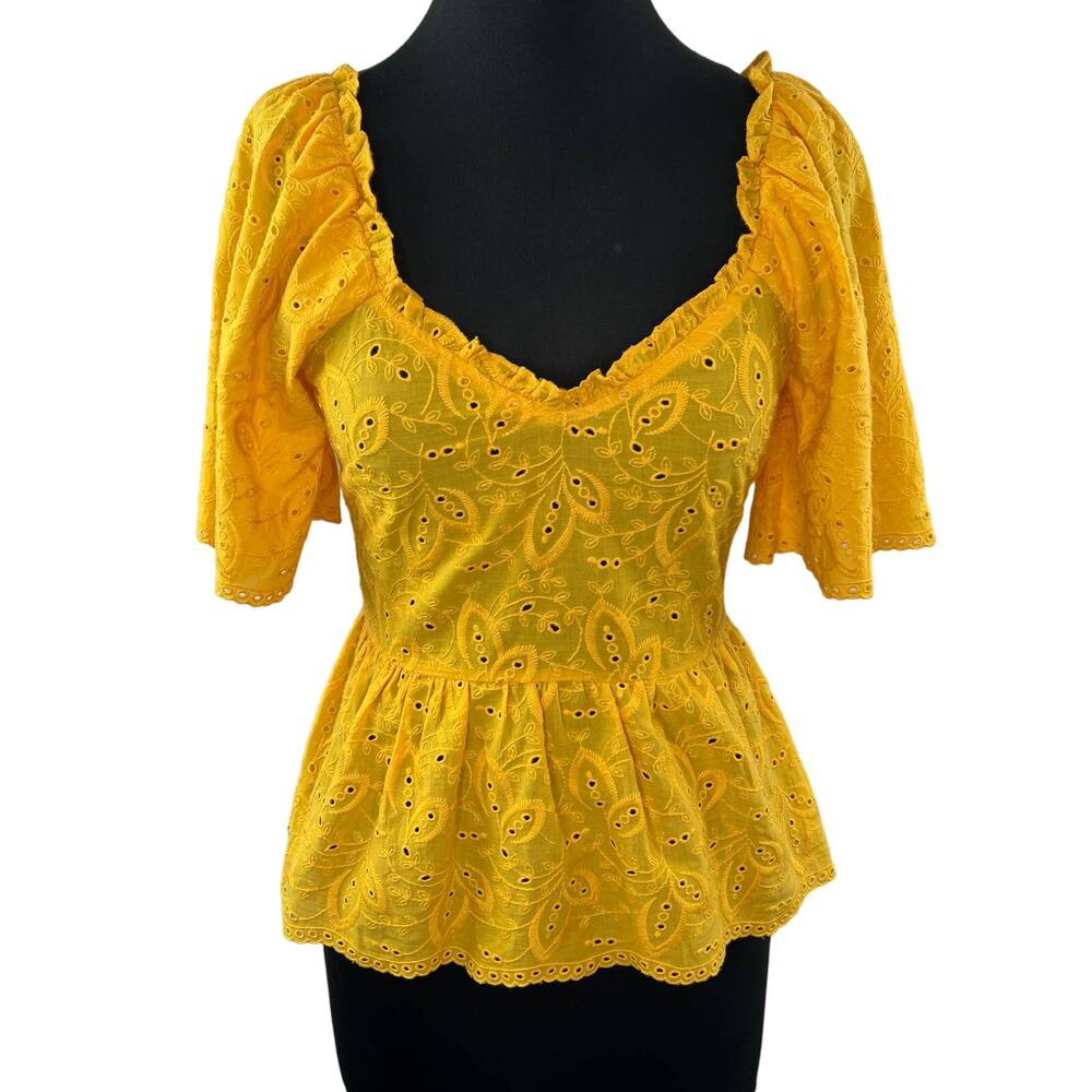 H&M Yellow Short Sleeve V-Neck Embroidered Eyelet 100% Cotton Peplum Top Size 6